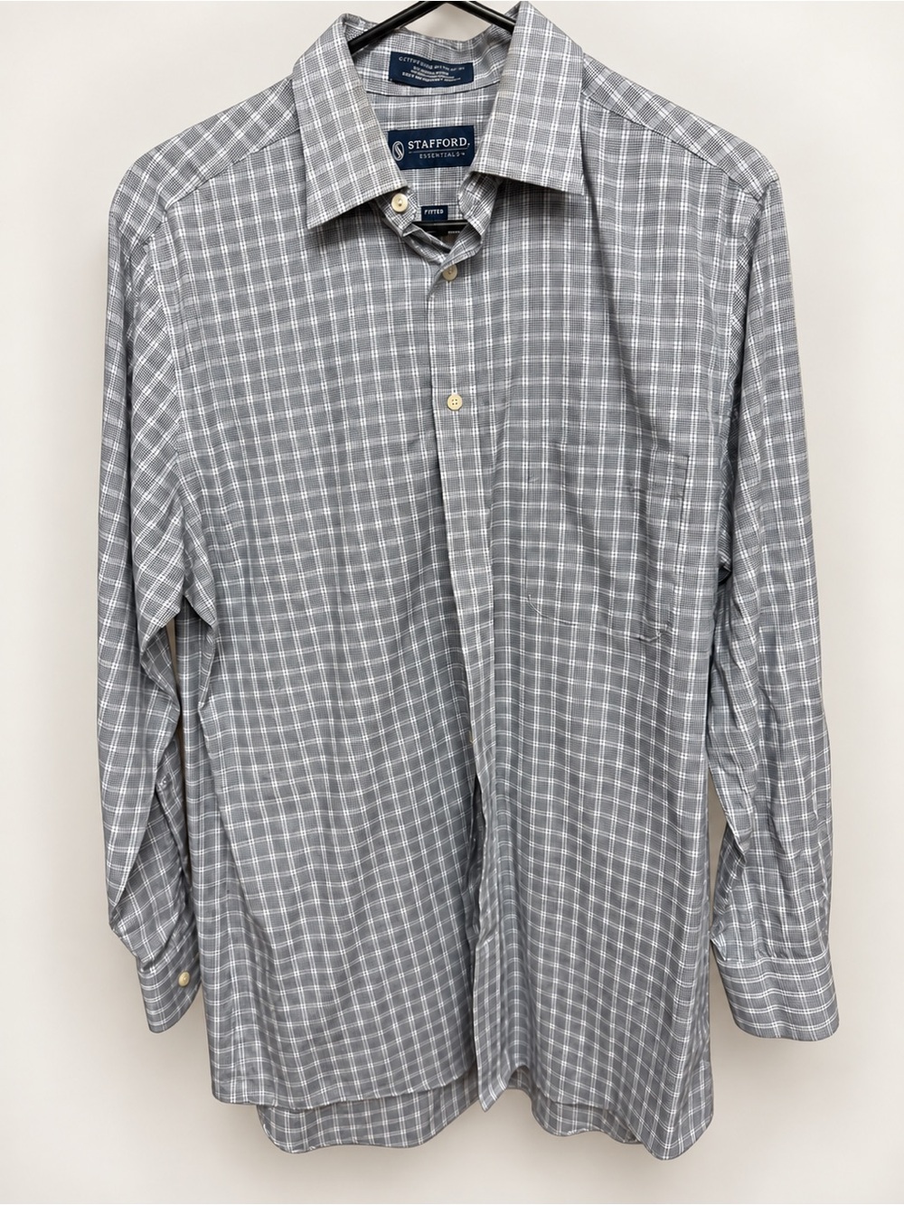 Stafford Essentials 15.5 32-33 Fitted Gray Plaid Cotton Blend Dress Shirt